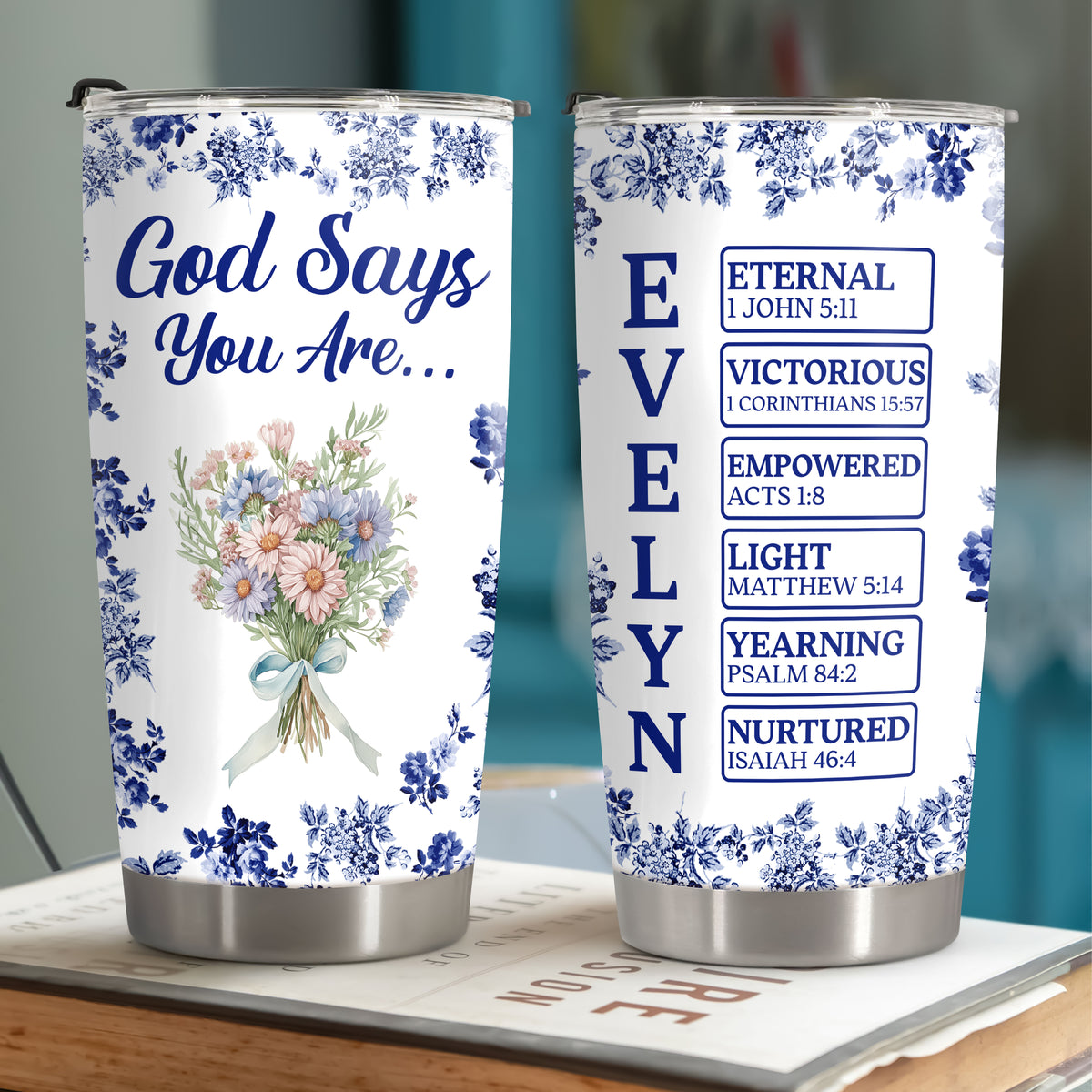 Personalized Name Letter God Says I Am Flower Toile De Jouy Style Fat Tumbler LM32 895361