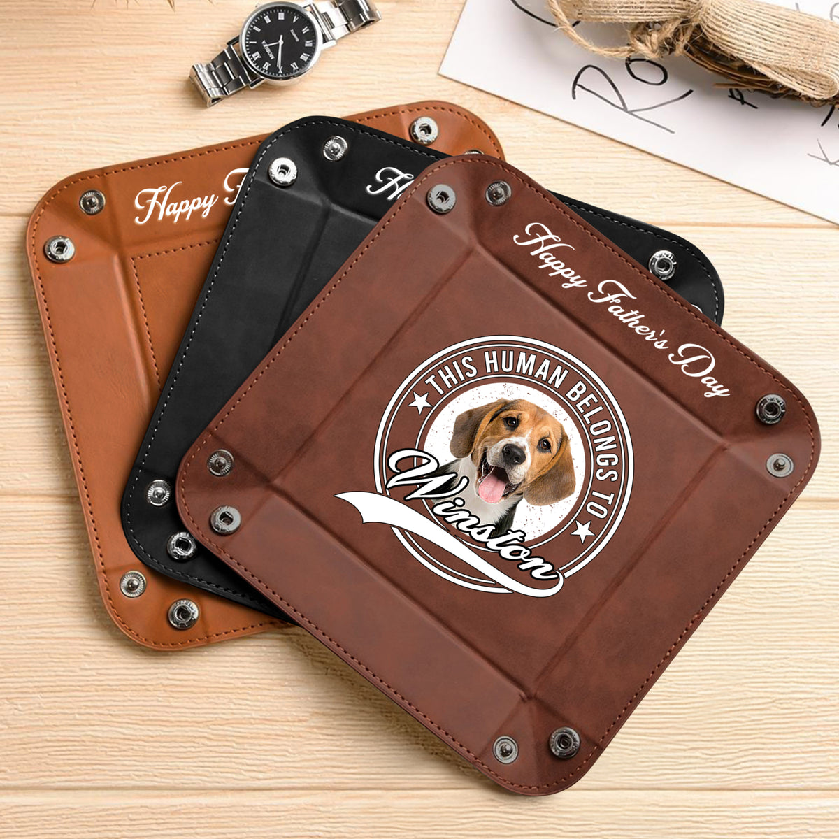 Custom Photo Human Belongs To Dog Happy Father's Day Leather Valet Tray LM32 893611
