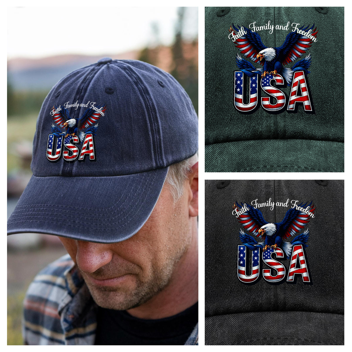 Faith, Family & Freedom America 250 Years Washed Denim Baseball Cap LM32 897353