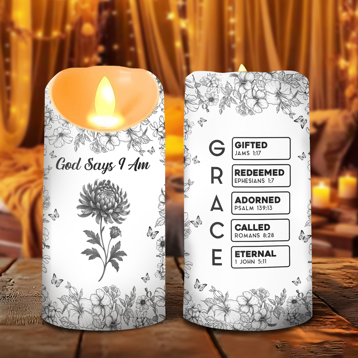 God Says I Am Name Letter In Bible Toile De Jouy Style - Personalized Led Candle CH07 896958