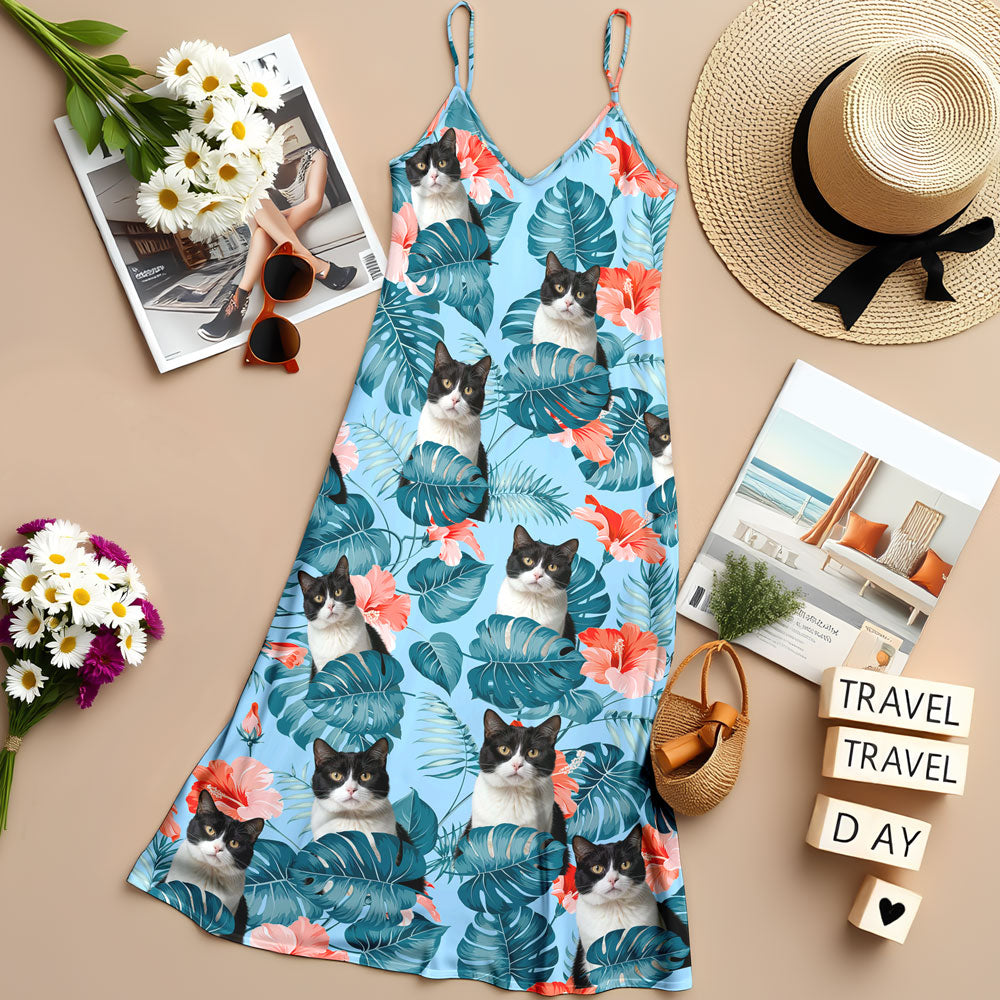 Custom Cat Photo Hawaiian Style Women's V-Neck Cami Maxi Dress For Summer Beach Holiday HO82 893594