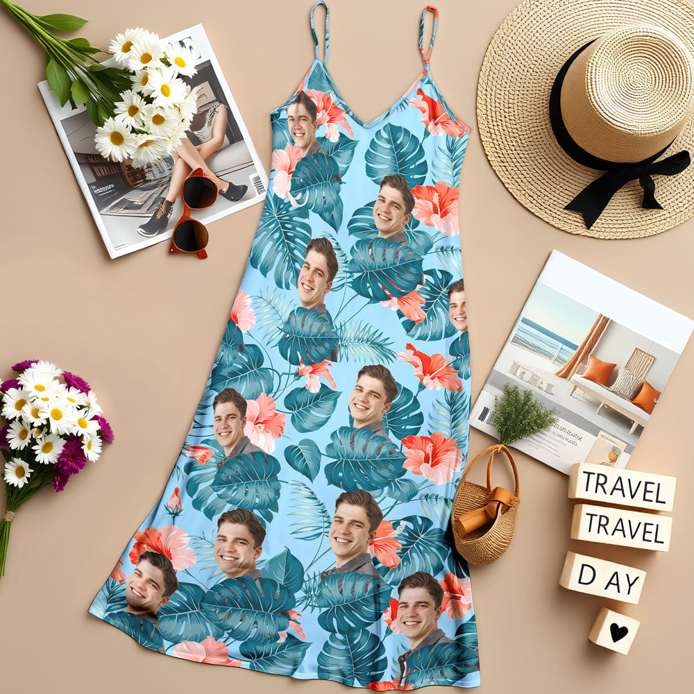 Custom Human Photo Hawaiian Style Women's V-Neck Cami Maxi Dress For Summer Beach Holiday HO82 893596