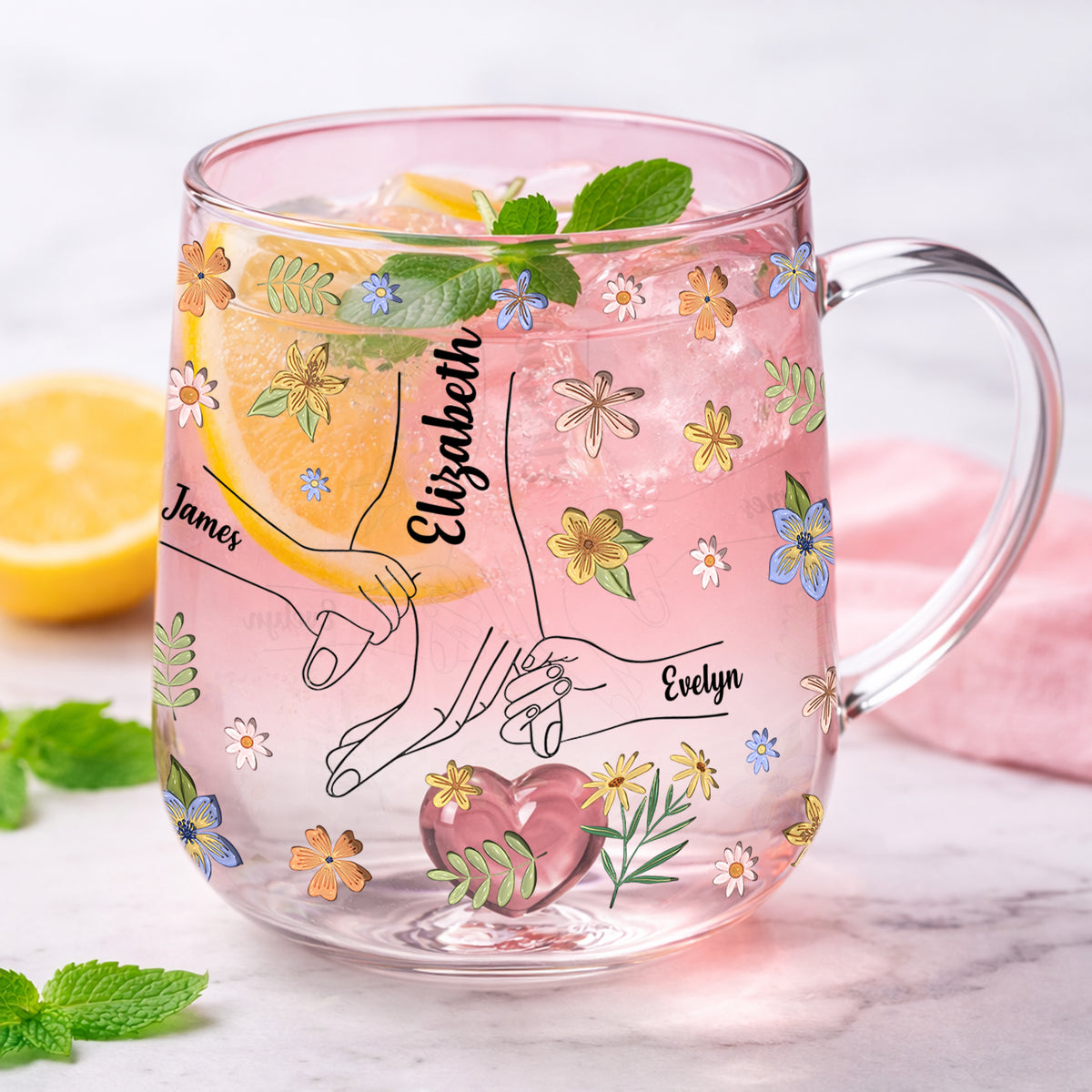 Personalized Hold My Hand Hold My Heart Family Pink Gradient Glass Mug - Gift For Grandma, Mom, Mother's Day HO82 901764