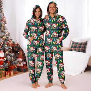 Custom Dog Face Photo With Colorful Christmas Lights Onesie Pajamas HO82 900200