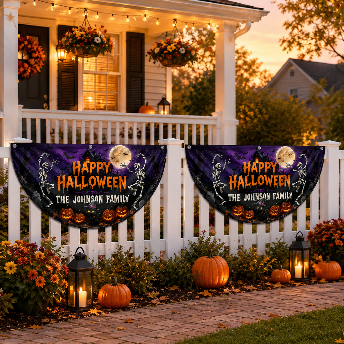 Custom Family Name Skeleton Pumpkin Happy Halloween Party Decor Non-Pleated Fan Flag LM32 669633