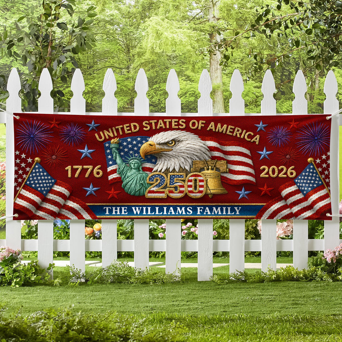 Custom Family Name 250 United States Of America 1776-2026 Eagle Embroidered Effect Patriotic Party Banner LM32 669281