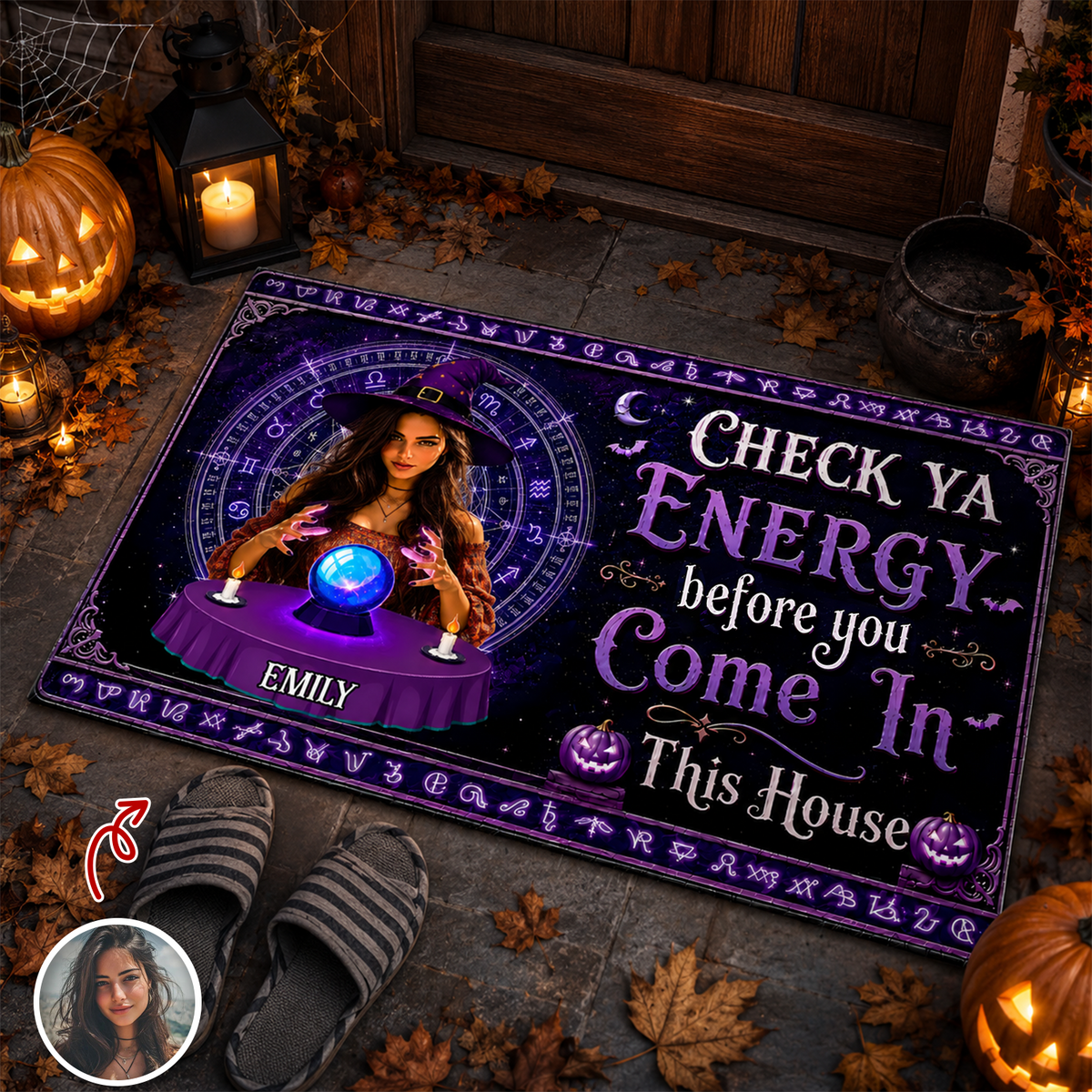 Custom Photo Check Ya Energy Before You Come In This Witch Halloween Welcome Doormat CH07 180176