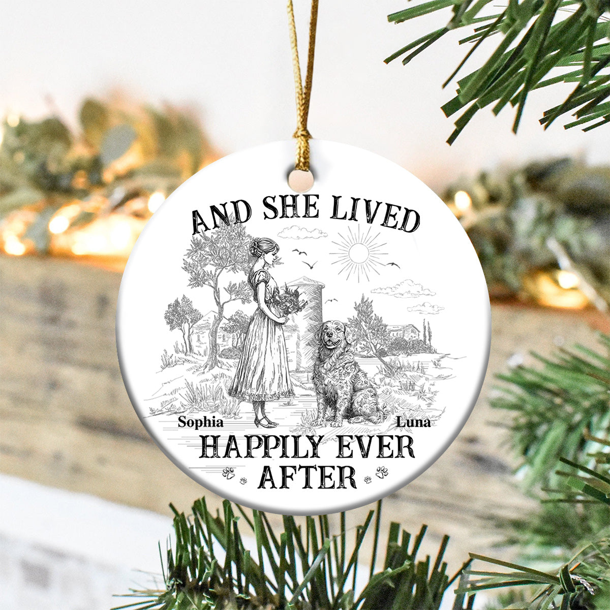 And She Lived Happily Ever After Dog Toile De Jouy Personalized Ceramic Ornament HO82 900162