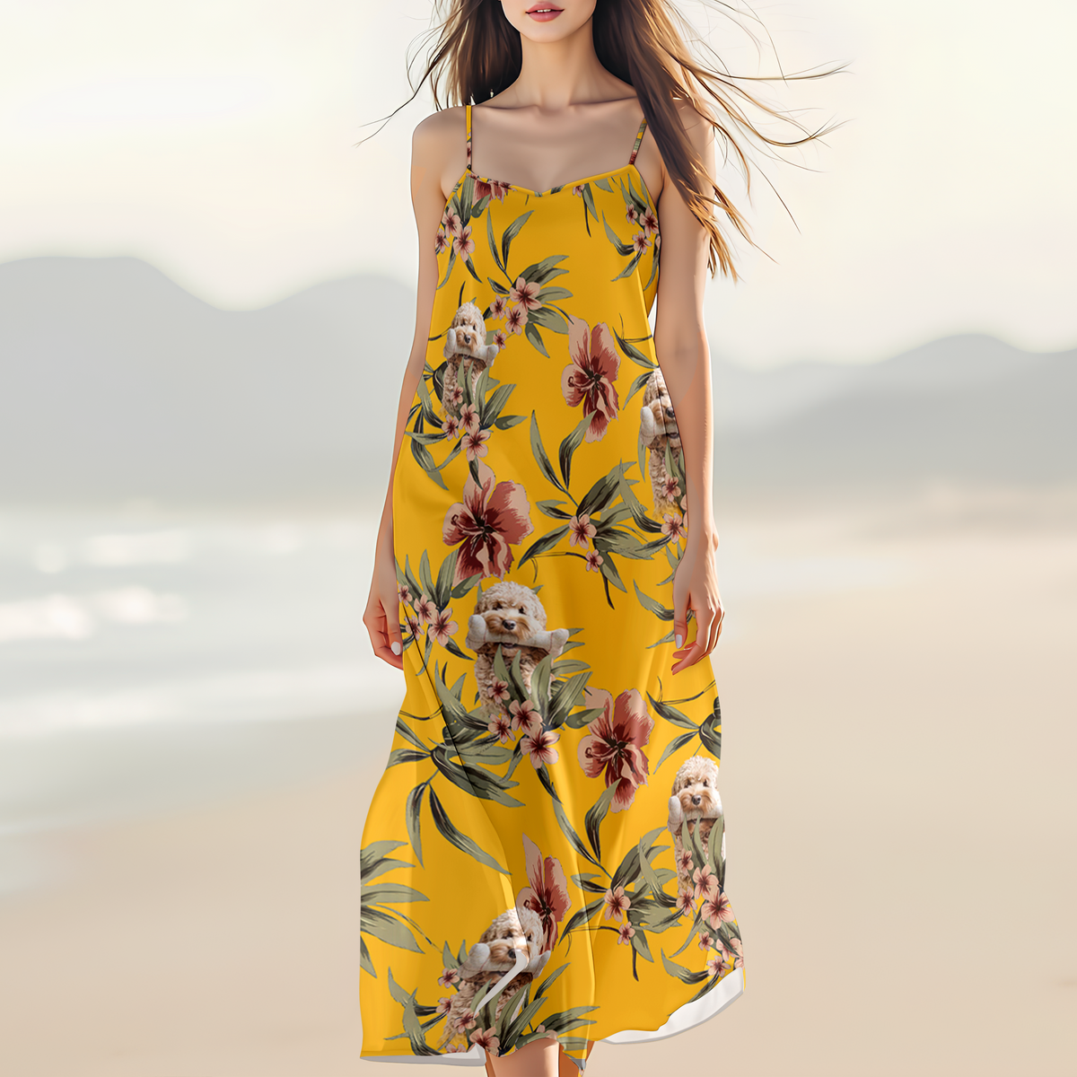 Custom Cute Dog Photo With Floral Pattern Women's V-neck Cami Maxi Dress LM32 893313