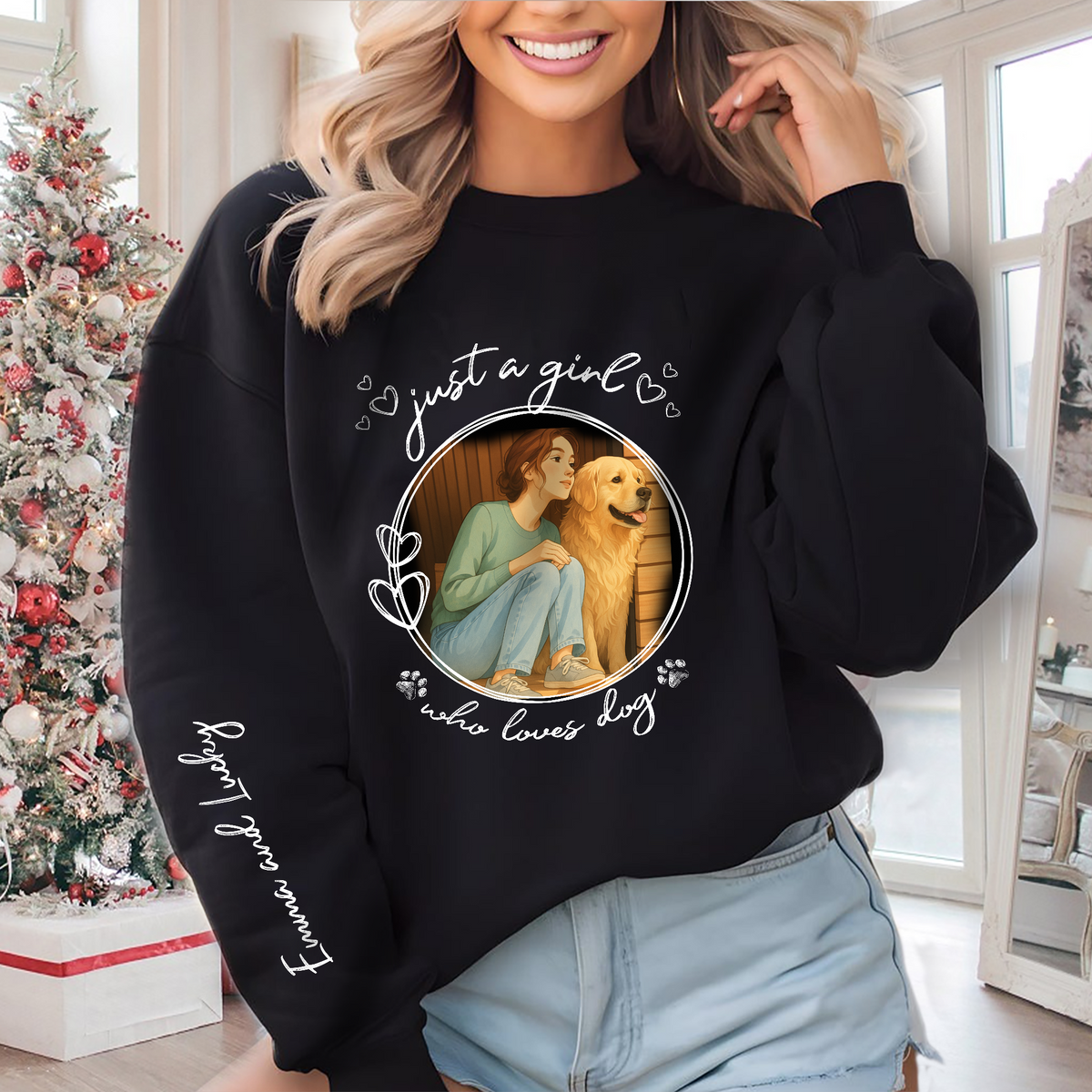 Custom Cartoon Photo Just A Girl Who Loves Dogs Sleeve Personalized Printed Sweatshirt LM32 893855