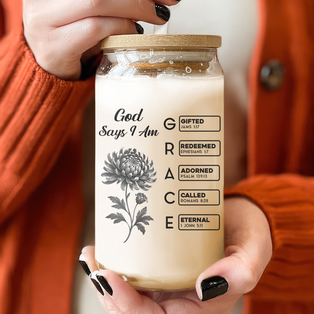 God Says I Am Name Letter In Bible Toile De Jouy Style - Personalized Glass Can With Lid CH07 896954