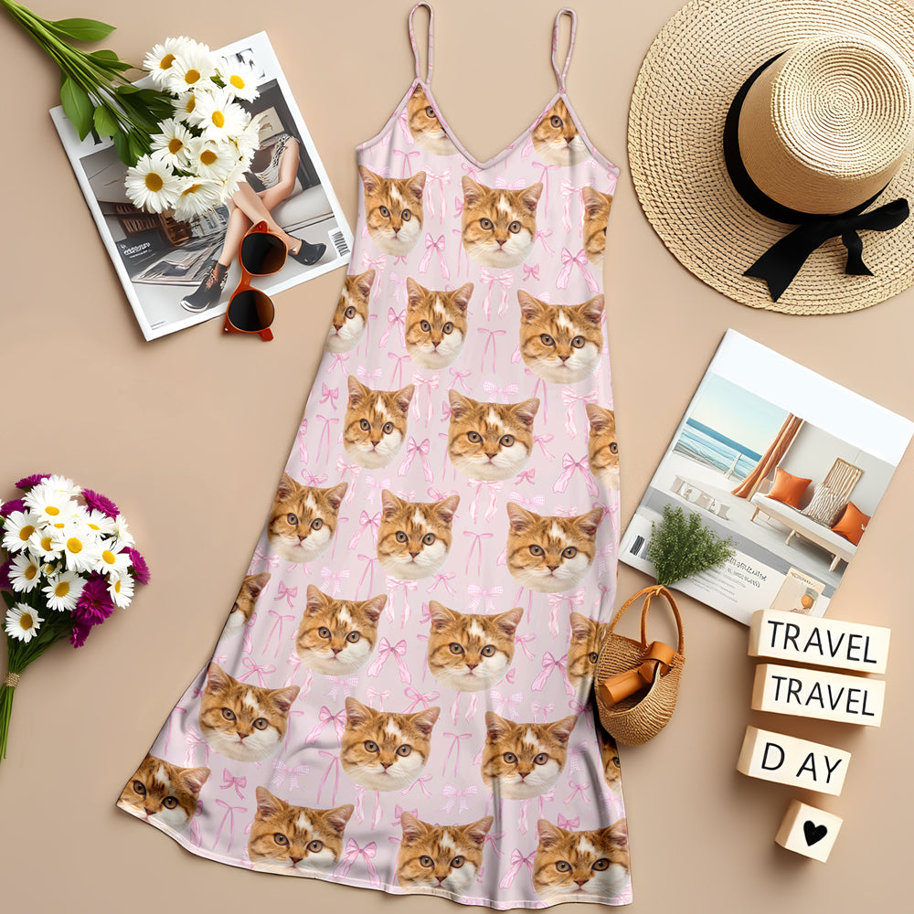 Custom Cute Cat Photo Coquette Pink Bows Hawaii Maxi Dress LM32 893401