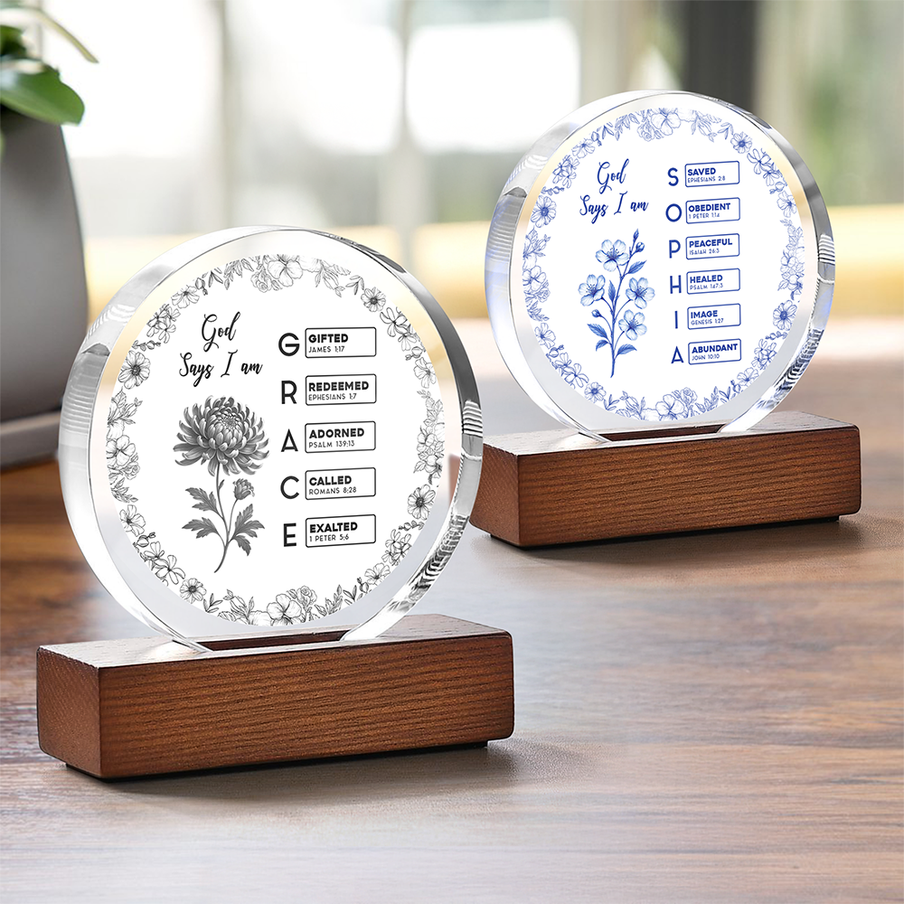 God Says I Am Name Letter In Bible Toile De Jouy Style Round Acrylic Frame Block HO82 894636