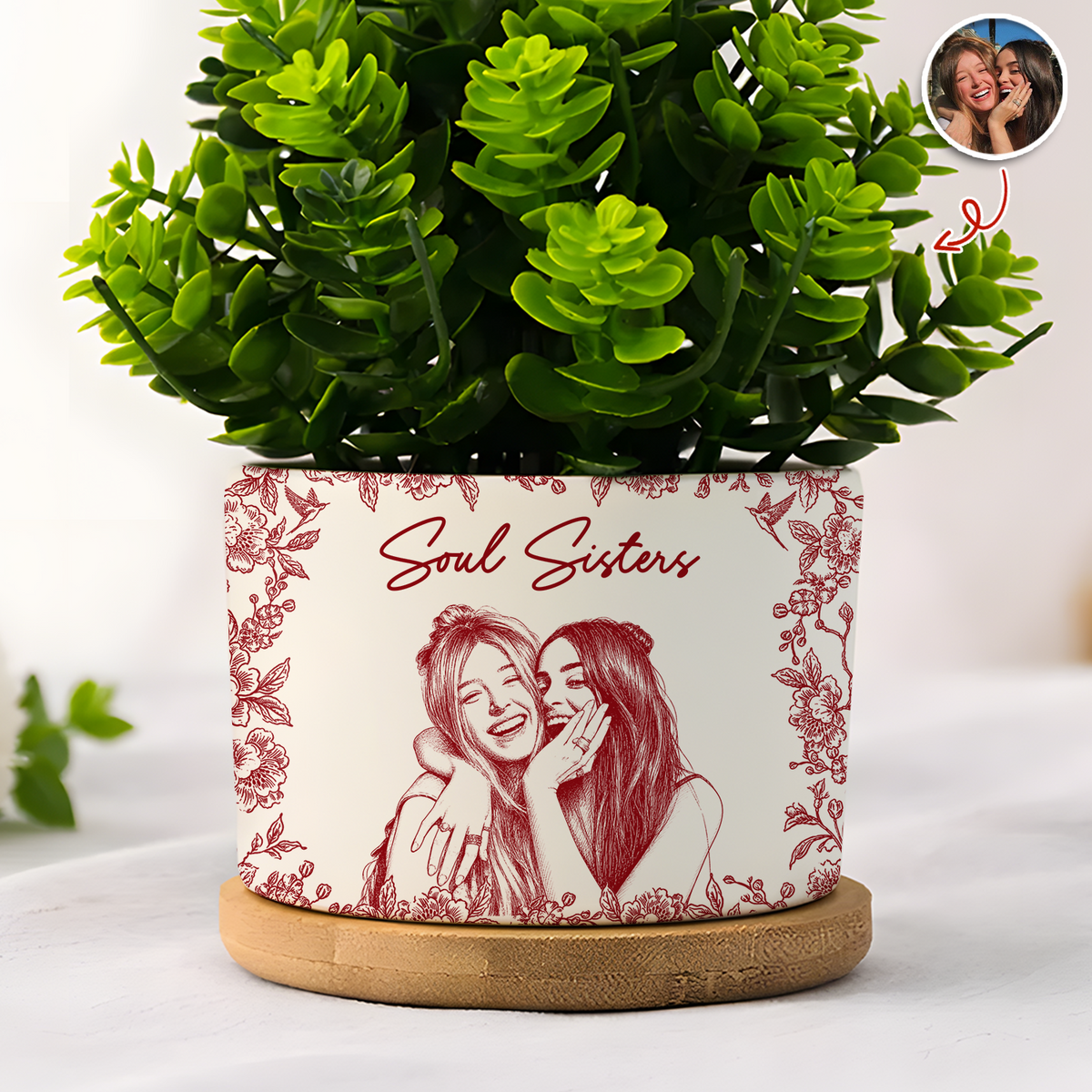 Custom Photo Pencil Sketch Soul Sister Toile Style Plant Pot – Personalized Gift for Besties HA75 921936