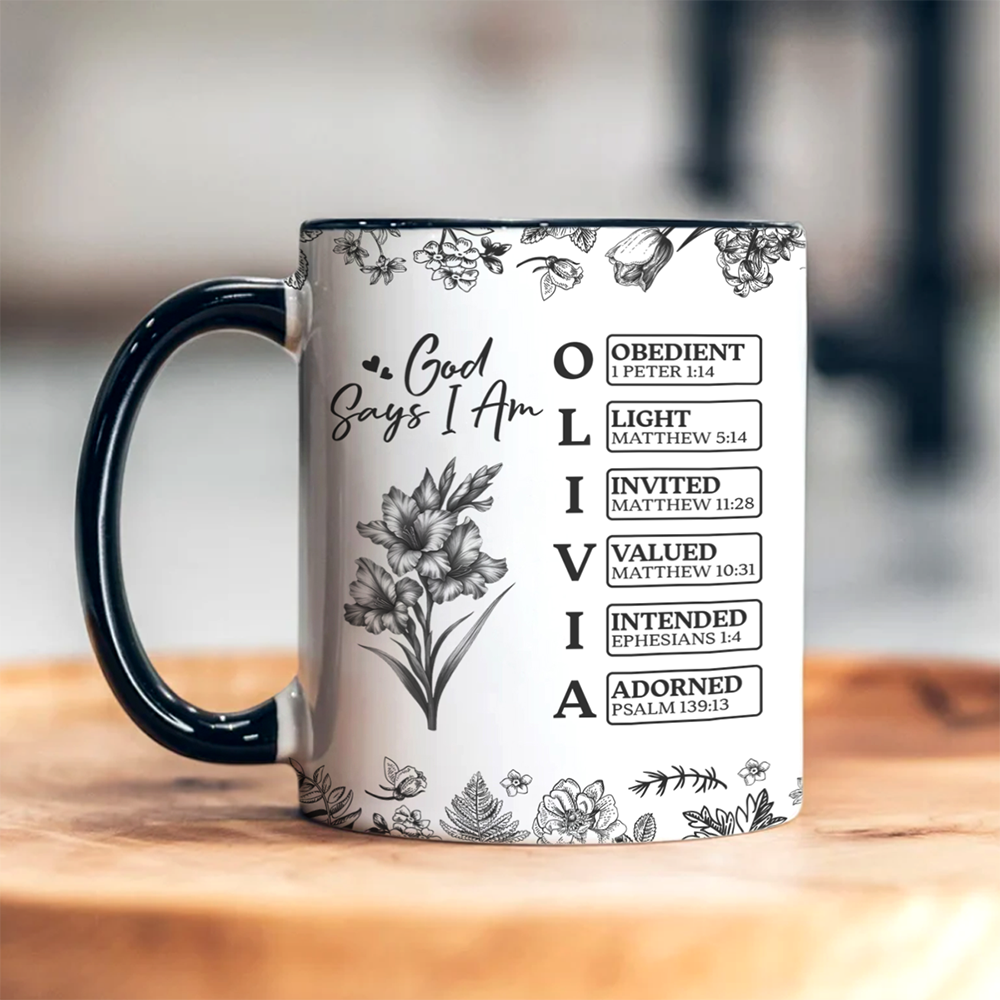 Personalized God Says I Am Name Letter In Bible Birth Flower Toile De Jouy Style Accent Mug HO82 894652