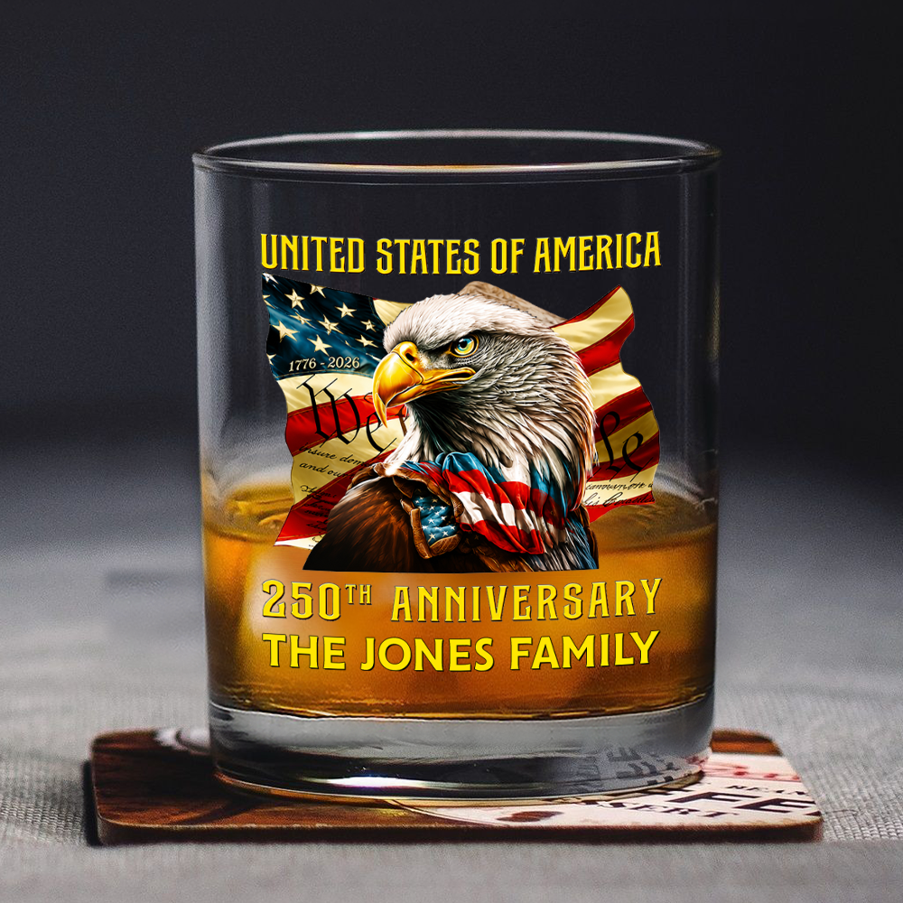 Custom Family Name United States Of America 1776-2026 250th Anniversary Eagle Whiskey Glass LM32 669349