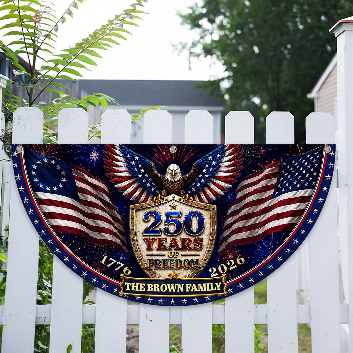 Custom Family Name 250th Birthday Party Patriotic Shield Eagle Non-Pleated Fan Flag CH07 911692