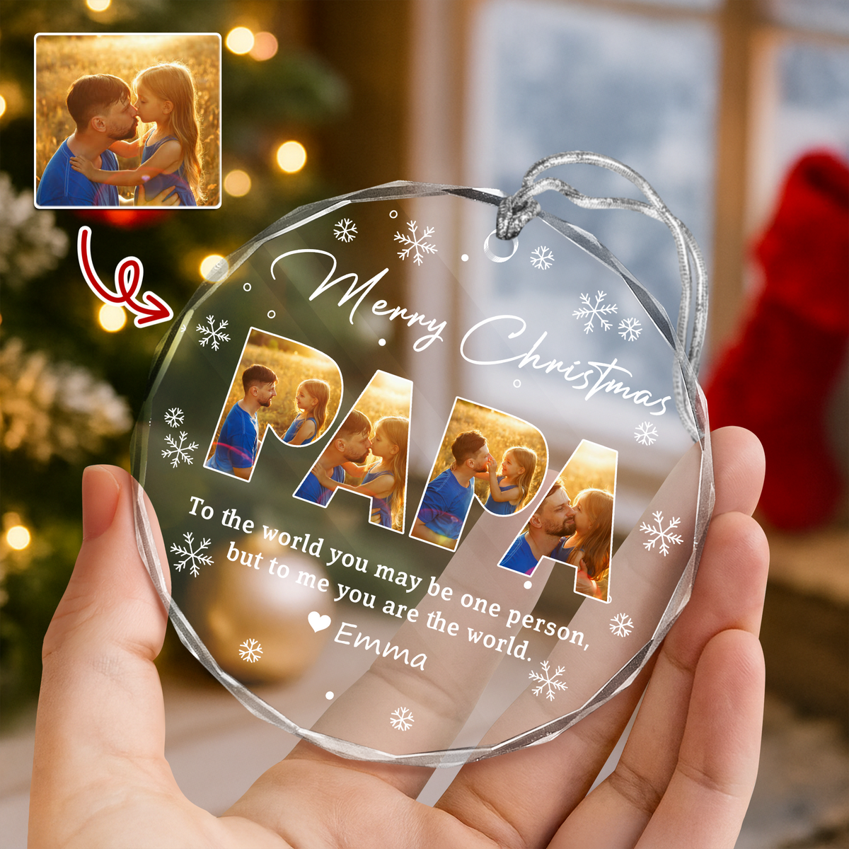 Custom Photo Merry Christmas Dad To Me You Are The World Family Glass Circle Ornament HO82 894708