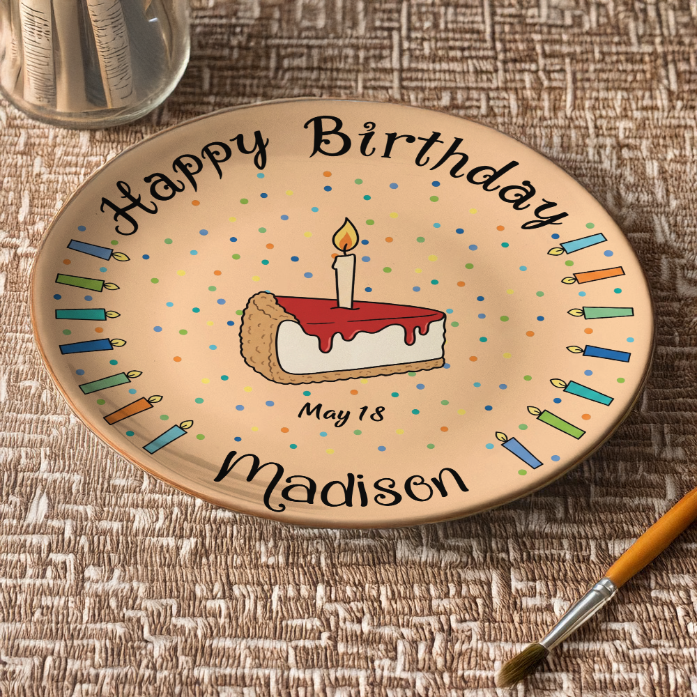 Custom Name Happy Birthday Cake & Candles Ceramic Plate - Personalized Birthday Gift LM32 669411