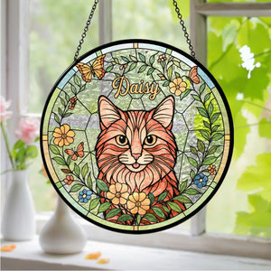 Custom Cat Photo With Flower Memorial Stained Glass Suncatcher, Pet Loss Gift HO82 894328