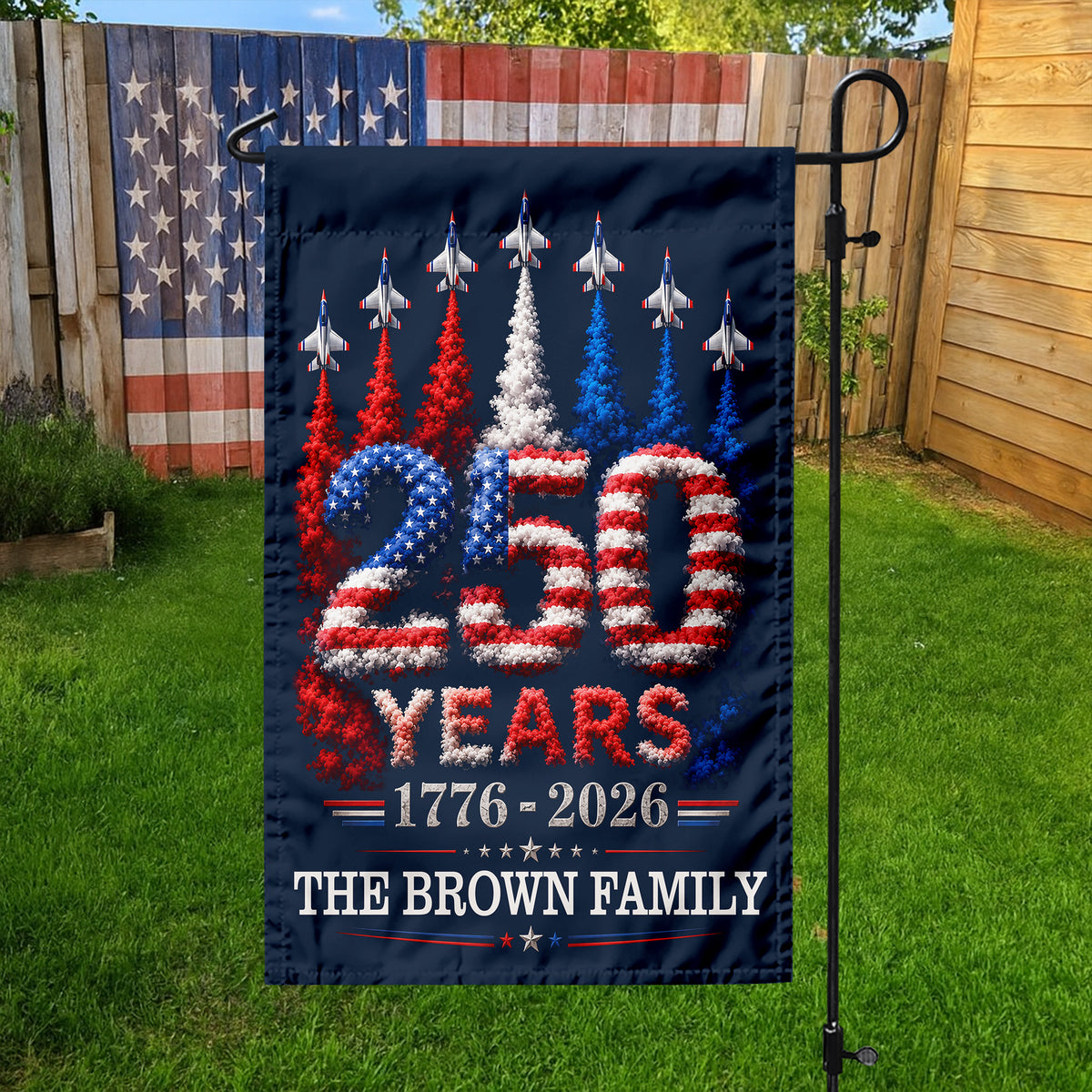 Custom Family Name US 250 Years 1776–2026 Patriotic Jets Garden Flag LM32 669177