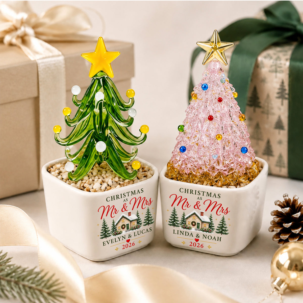 Personalized Name Couple Mini Ceramic Pot with Glass Christmas Tree HO82 903520