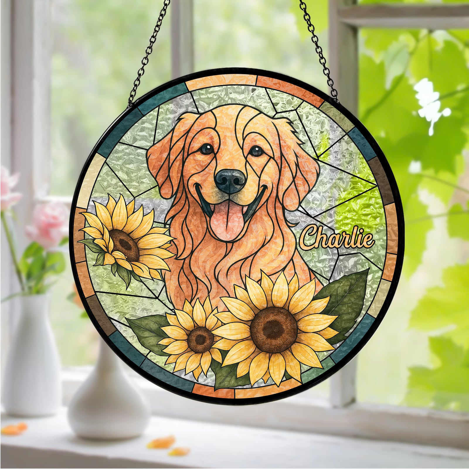 Custom Dog Photo With Sunflower Memorial Stained Glass Suncatcher, Pet Loss Gift HO82 894326