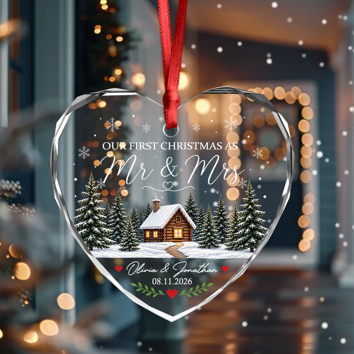Custom Name Winter Cabin Our First Christmas As Mr & Mrs Married Glass Ornament, Newlywed Gift LM32 669965