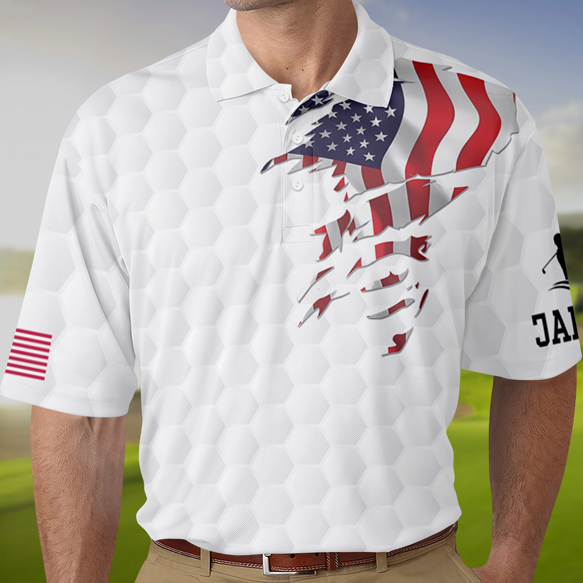 Custom Name Golf Ball Pattern American Flag Polo Shirt, Personalized USA Patriotic Golf Shirt Gift for Men HA75 898578