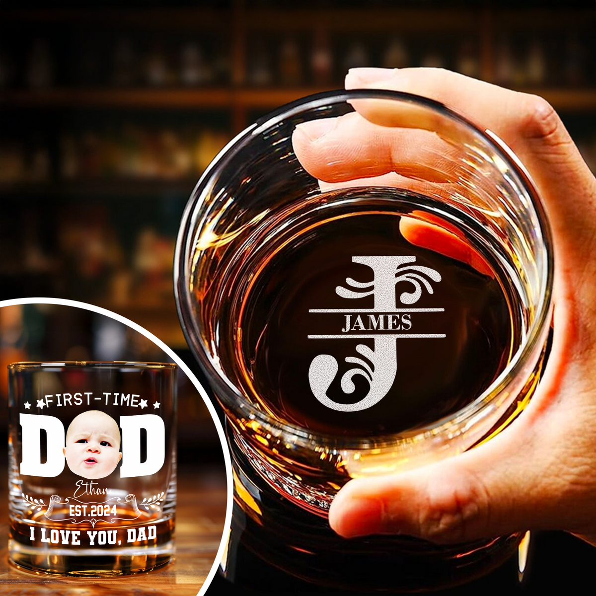 Custom Photo First Time To Be Dad Monogram Letter Engraved Whiskey Glass LM32 893551