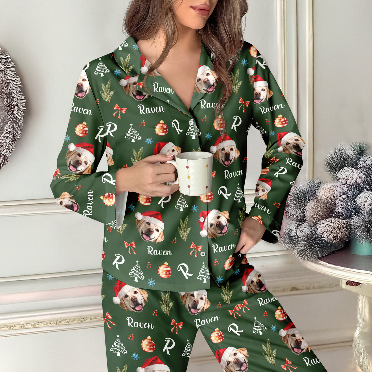 Custom Photo Santa Claus Pine Tree Snowflakes Long Pajamas LM32 895635