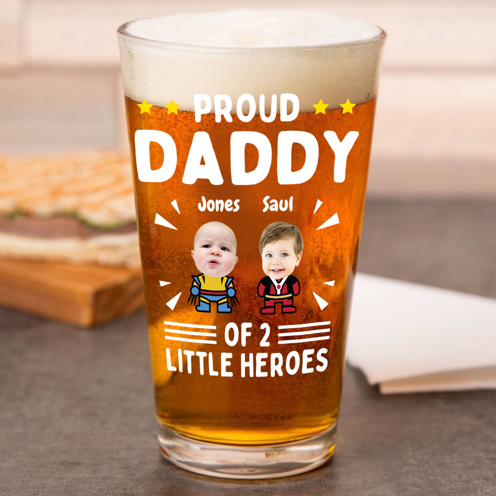 Custom Photo Proud Daddy of Little Heroes - Father's Day Personalized Gifts Custom Beer Glass for Dad, Superhero Lovers HO82 894058