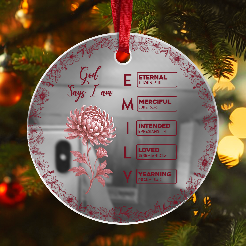 God Says I Am Name Letter In Bible Birth Flower Toile De Jouy Style - Personalized Mirror Ornament TH10 894875