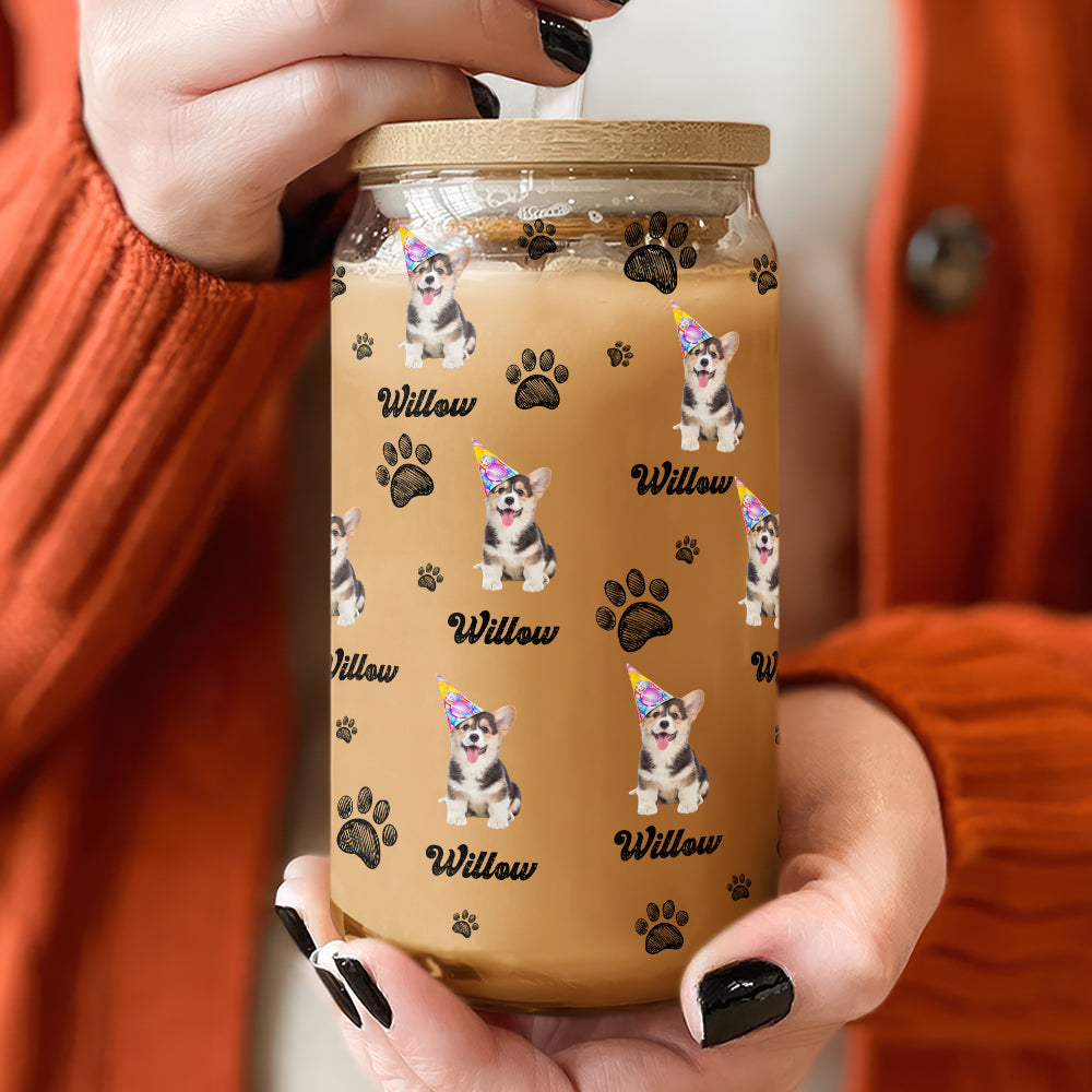 Custom Photo And Name With Dog Paw Glass Can With Lid Gift for Pet Lovers TH10 896783