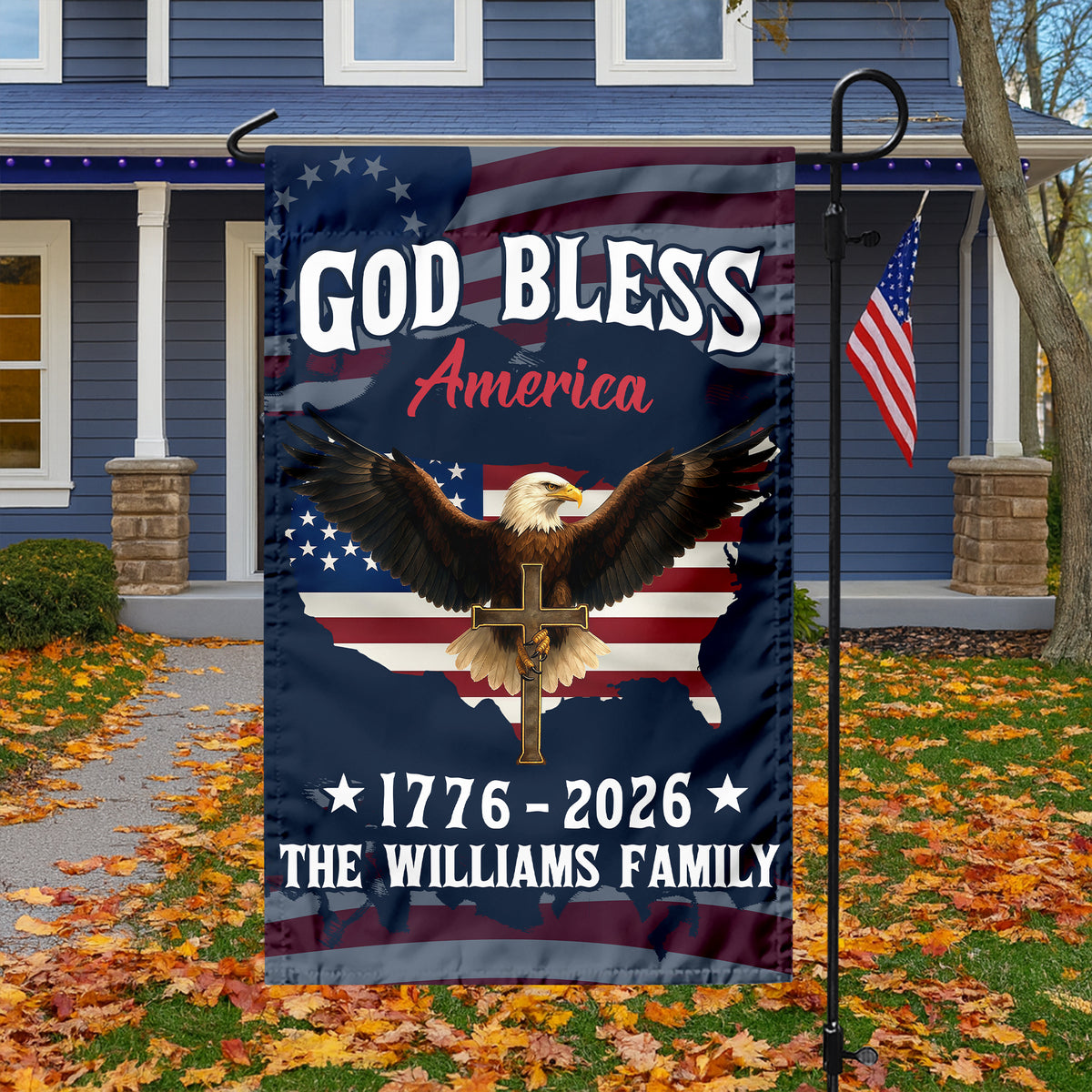 Custom Family Name Patriotic 250th Anniversary God Bless America Eagle 1776–2026 Garden Flag HO82 900870