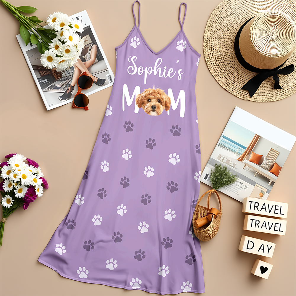 Custom Dog Photo - Dog's Mom Women's V-Neck Cami Maxi Dress HA75 892244