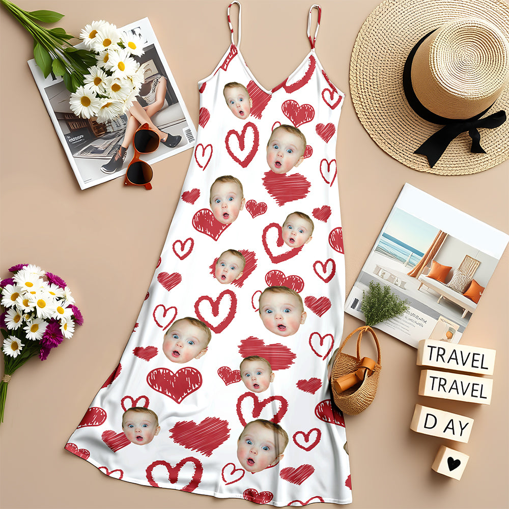 Custom Photo Love Heart Family Women's V-Neck Cami Maxi Dress For Summer Beach Holiday HO82 893736
