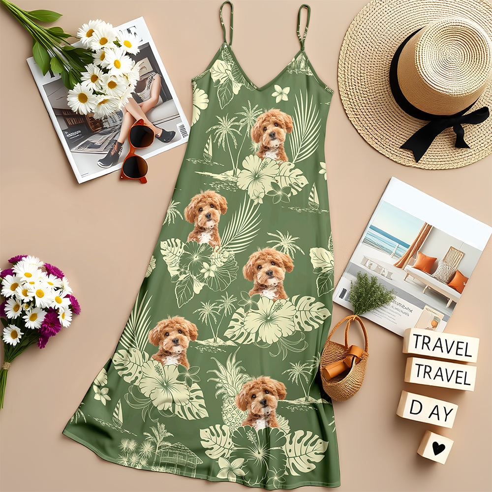 Custom Photo Aloha Hawaiian Dog Women's V-Neck Cami Maxi Dress HO82 893666
