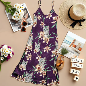 Custom Cat Photo With Lily Flowers Women's V-neck Cami Maxi Dress For Cat Lover TH10 892639