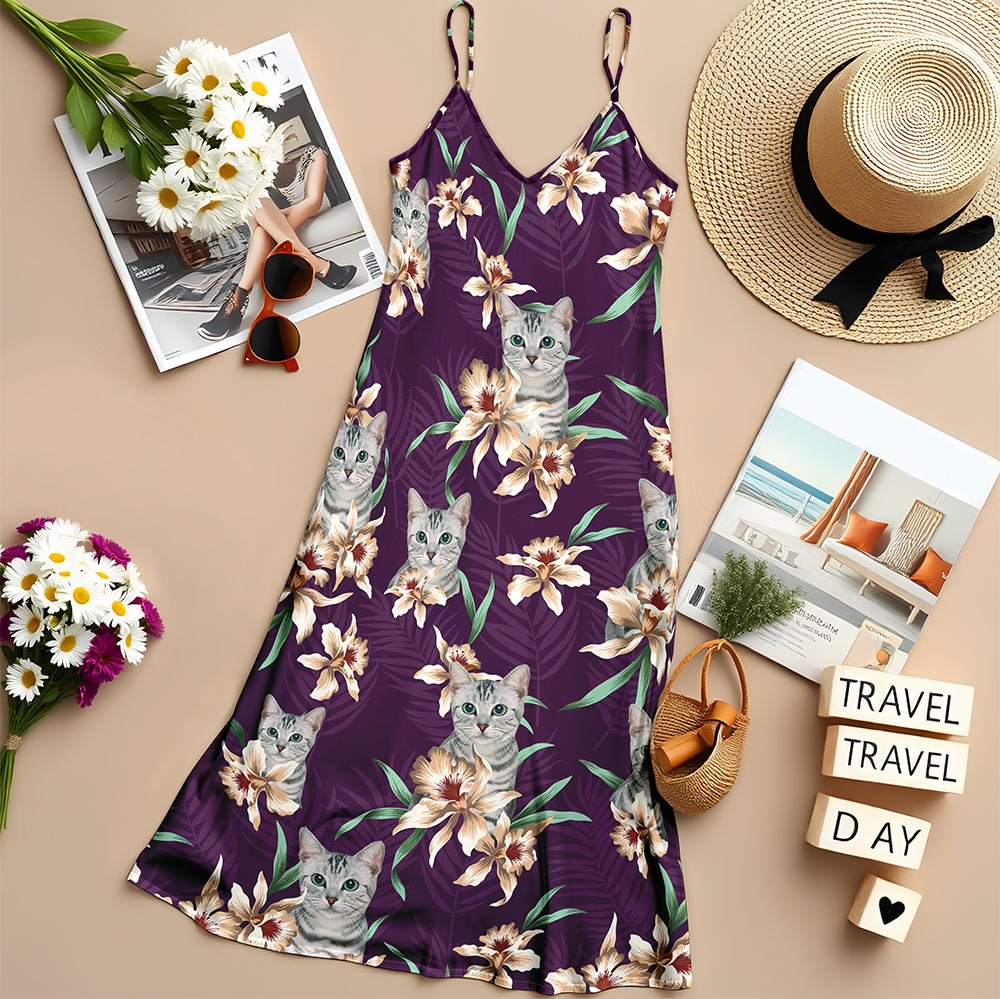 Custom Cat Photo With Lily Flowers Women's V-neck Cami Maxi Dress For Cat Lover TH10 892639