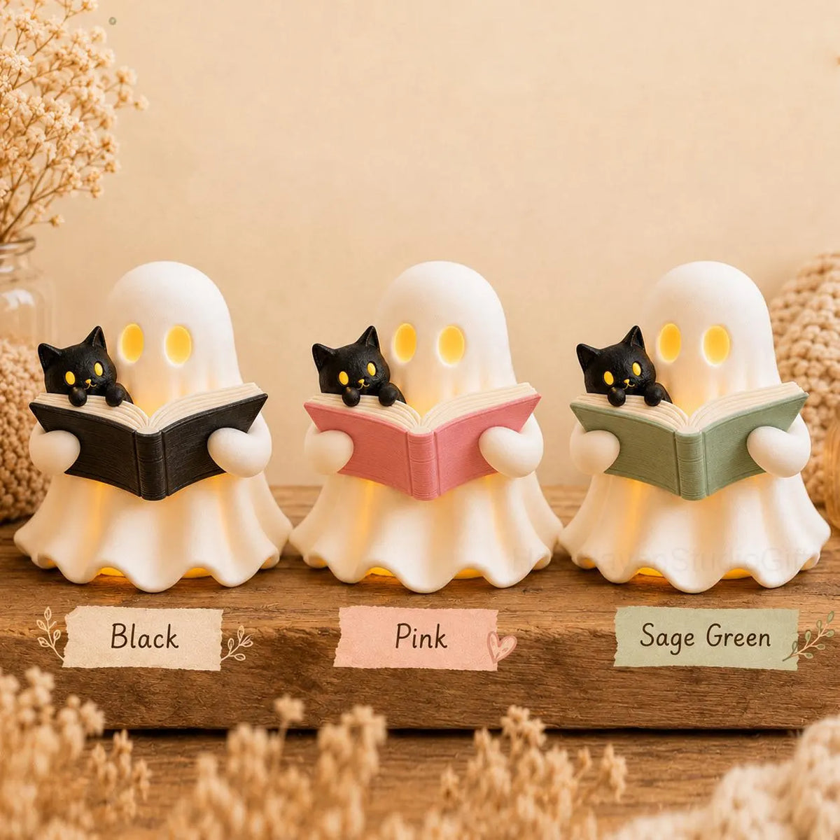 3D Printed Ghost Reading Book Figurine – Cozy Cat, LED Tealight Decor