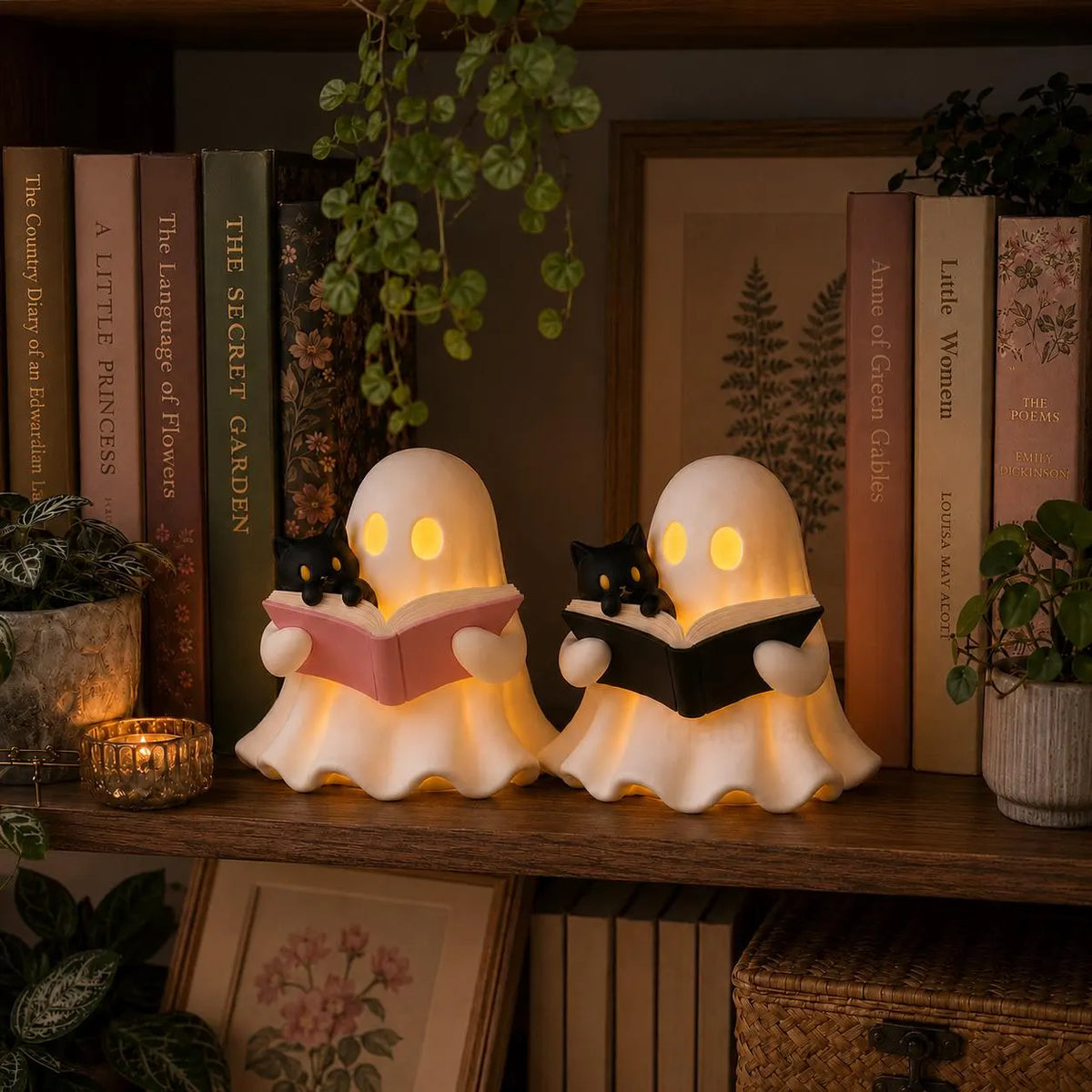 3D Printed Ghost Reading Book Figurine – Cozy Cat, LED Tealight Decor