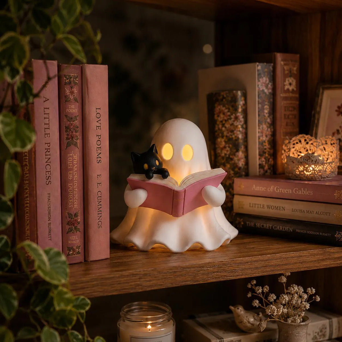 3D Printed Ghost Reading Book Figurine – Cozy Cat, LED Tealight Decor