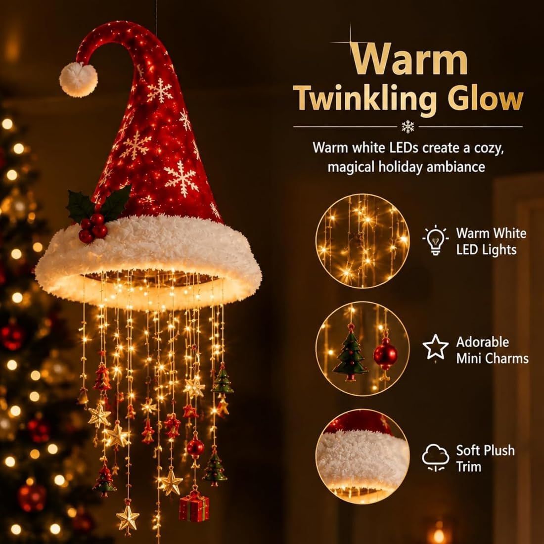 Lighted Santa Hat Chandelier with Warm LED Lights for Christmas Decor HO82 903572