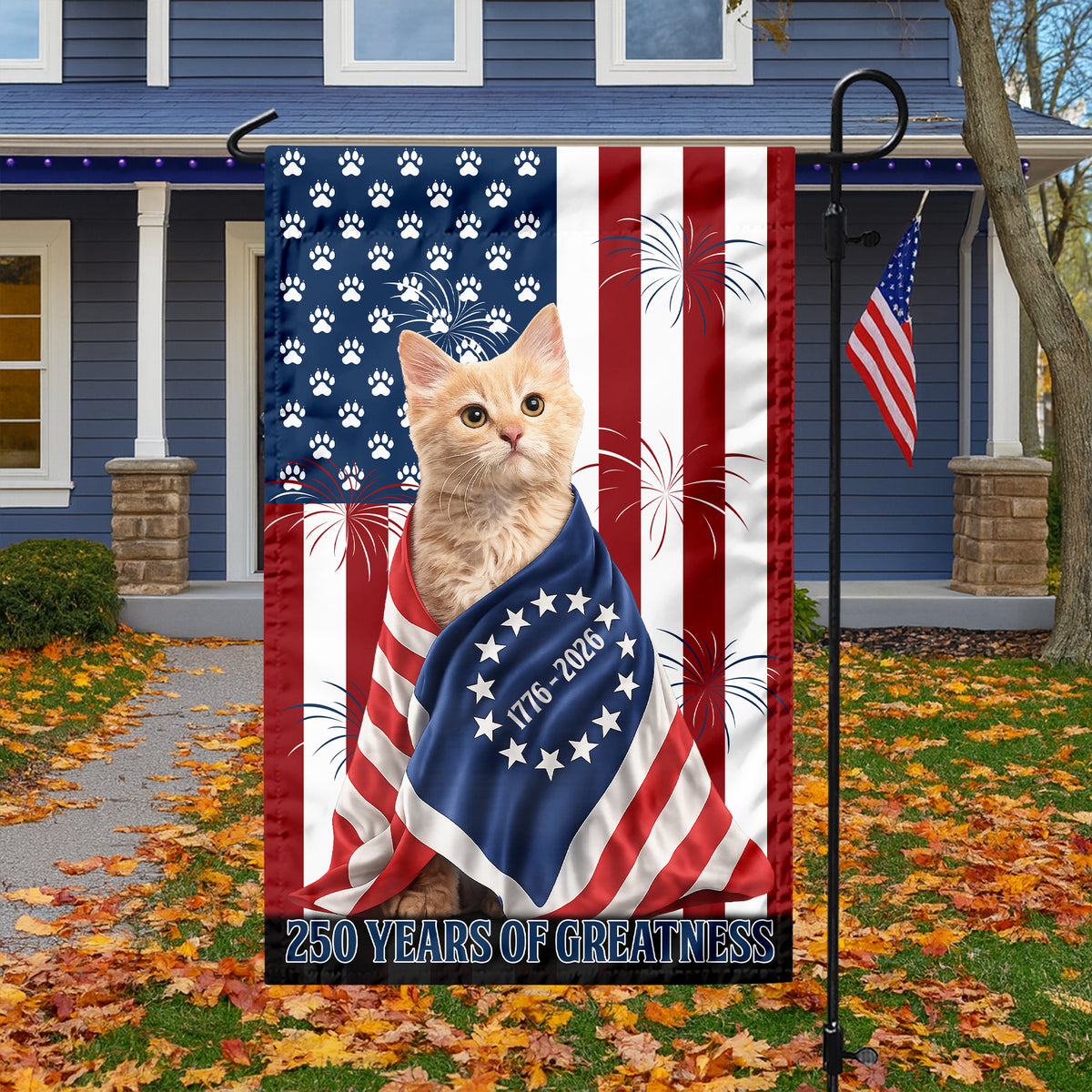 Custom Photo My Dog, Cat Loves America 250 Patriotic Garden Flag HA75 898908