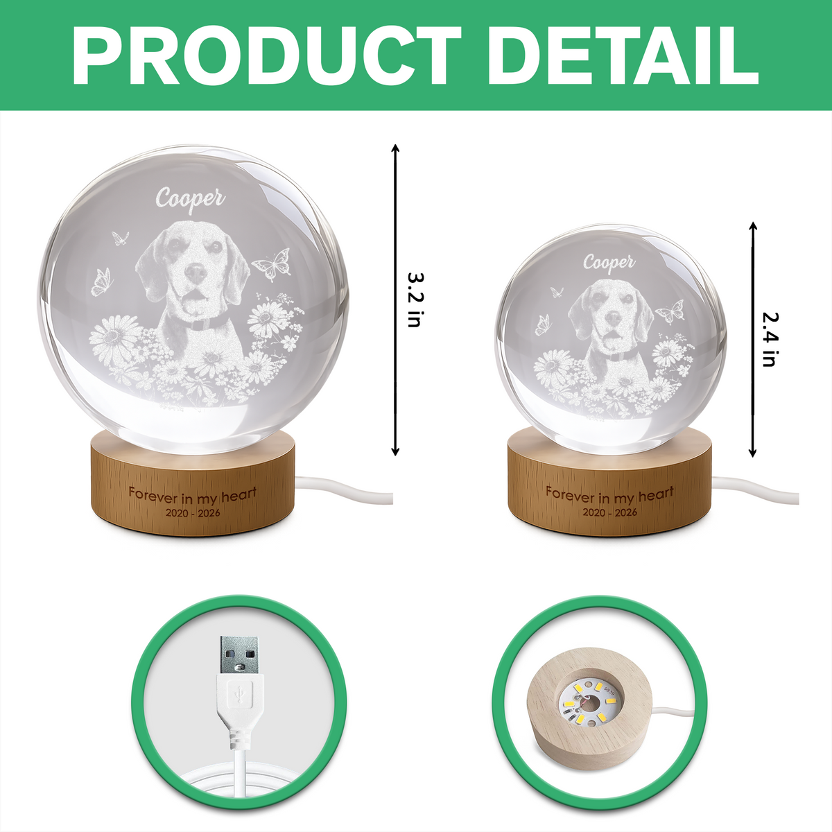 Custom Photo Pet Forever in My Heart Memorial Personalized Engraved Crystal Ball LED Night Light HA75 921884