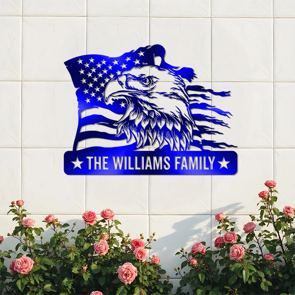 Custom Family Name Eagle & American Flag Monogram Metal Sign LM32 897901