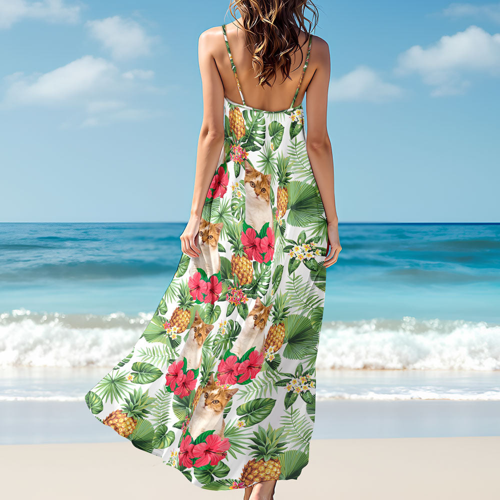 Custom Cat Photo Tropical Women's V-Neck Cami Maxi Dress HO82 893606