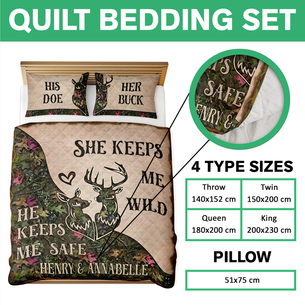 She Keeps Me Wild Personalized Hunter Couple Quilt Bedding Set Gift For Couple, Husband, Wife CH07 895478