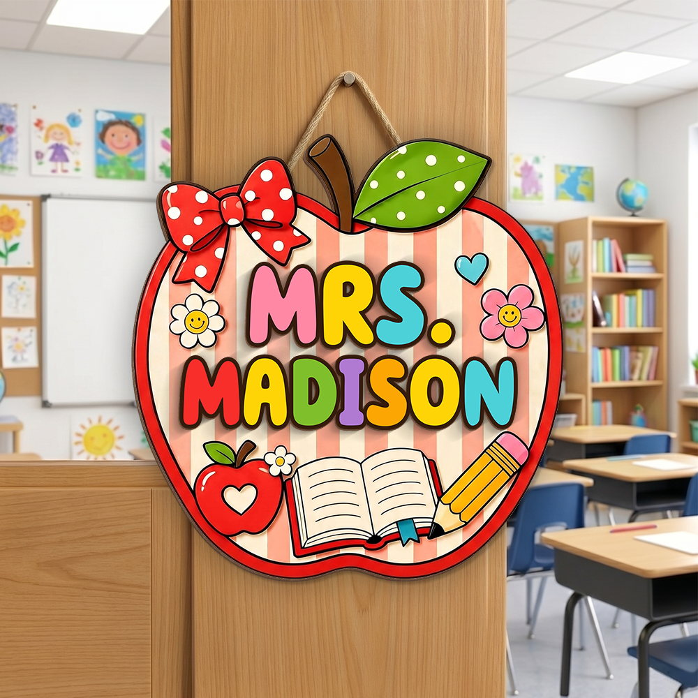 Personalized Apple Teacher Welcome Door Sign, Custom Name Classroom Door Hanger, Back to School Gift CH07 180038